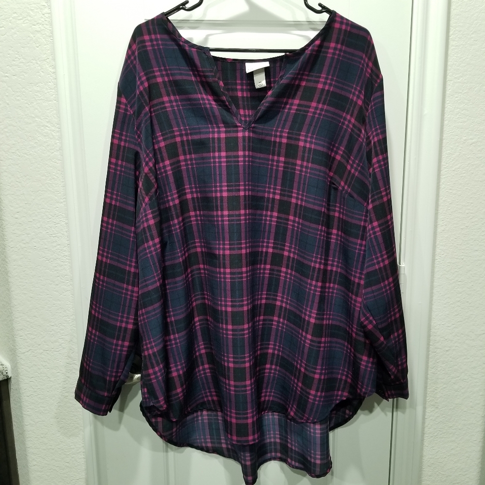 Ava Viv Pink Blue Plaid Tunic V-neck Blouse Women Peasant Top Size 2X